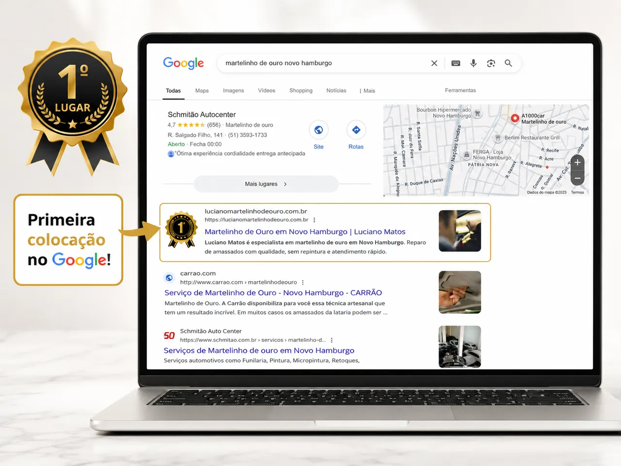 Resultado em primeira posicao no Google para martelinho de ouro em Novo Hamburgo