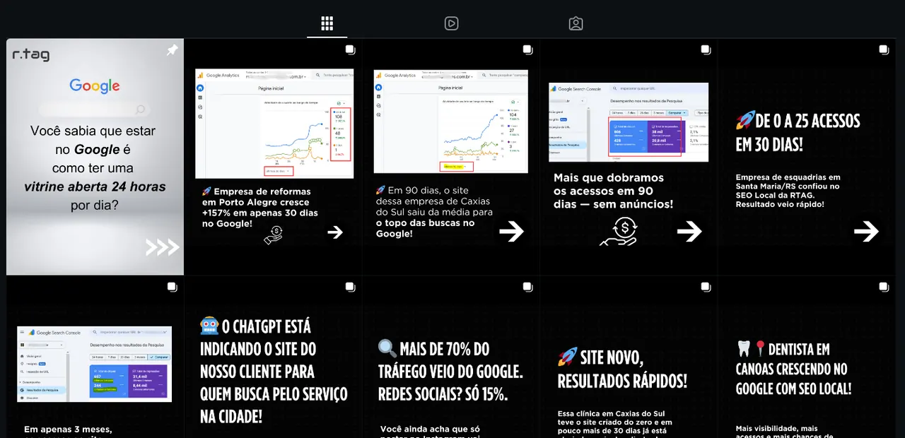 Perfil da RTAG no Instagram com conteudos sobre SEO e resultados de clientes